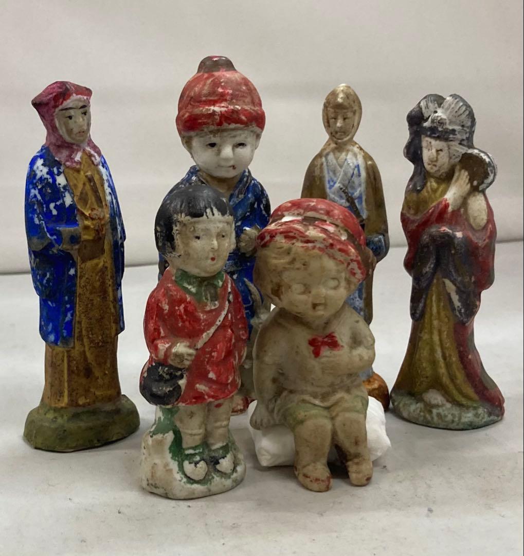 B427b「陶磁器人形 6体」戦前　レトロ　ヴィンテージ　男子　女子