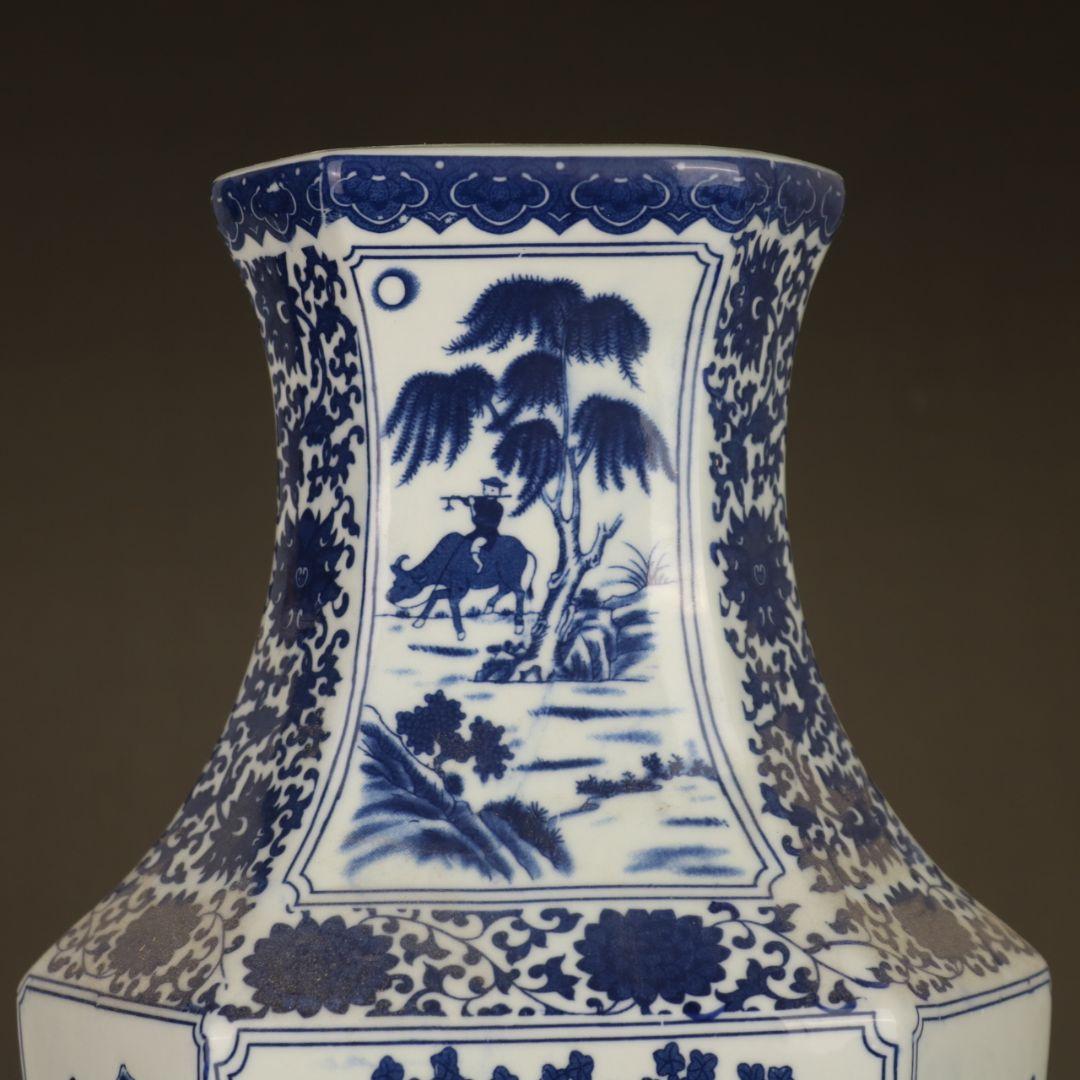 清乾隆青花人物花鳥六方賞瓶 景徳鎮 陶磁器 装飾品 現代工芸品 美術品 置物