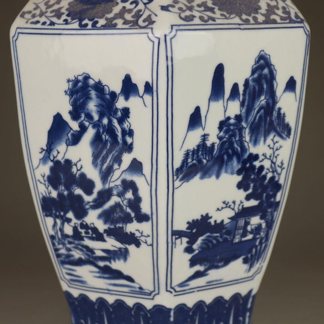 清乾隆青花人物花鳥六方賞瓶 景徳鎮 陶磁器 装飾品 現代工芸品 美術品 置物