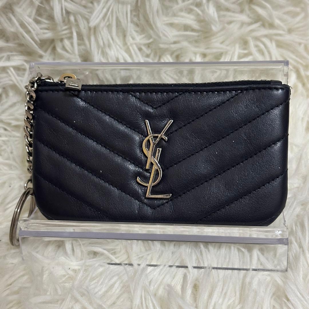 SAINT LAURENT ケース キルティングレザー シルバーロゴ 黒