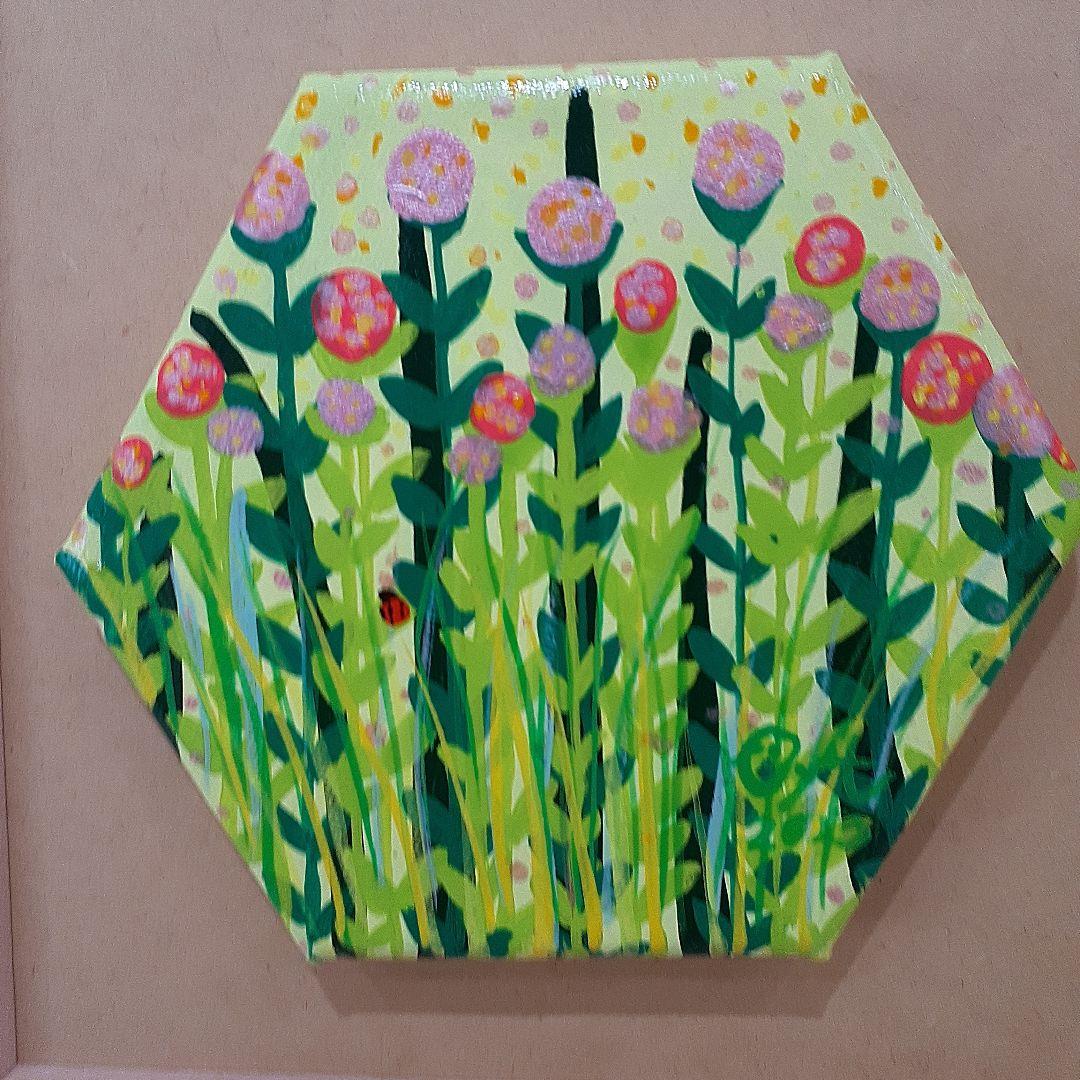 画家　小楠アキコ　ピンクのクローバー　15×15cm　六角形キャンバス　額付き