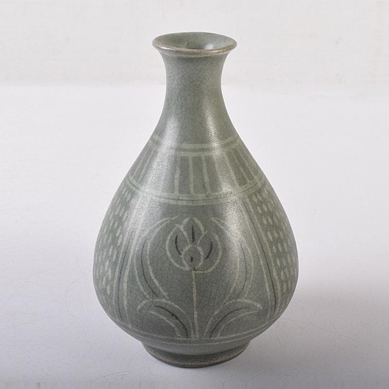 朝鮮美術　李朝　高麗青磁　象嵌花文　徳利　V　R7944