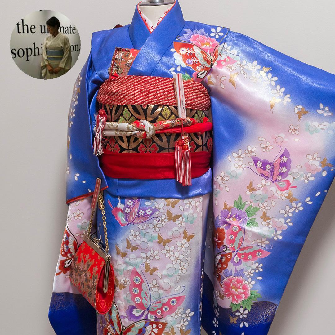 ぴ*ち様 【七五三7歳女の子】晴れ着フルセット・振袖一式・豪華・蝶柄×青地・７歳