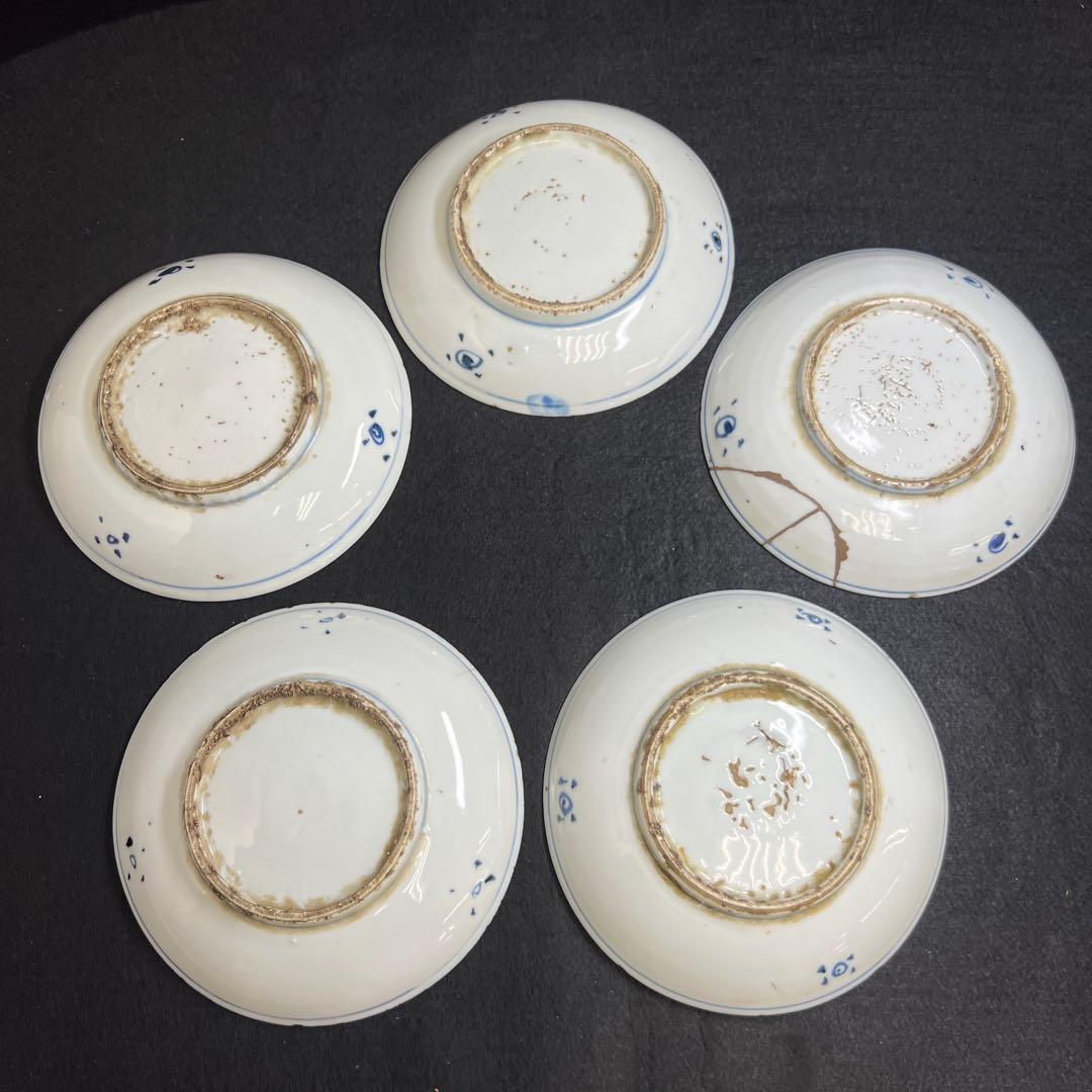 中国明時代　古染付中皿9枚　木箱付　直径約15.5㎝東Y8-0114☆2Fトウル