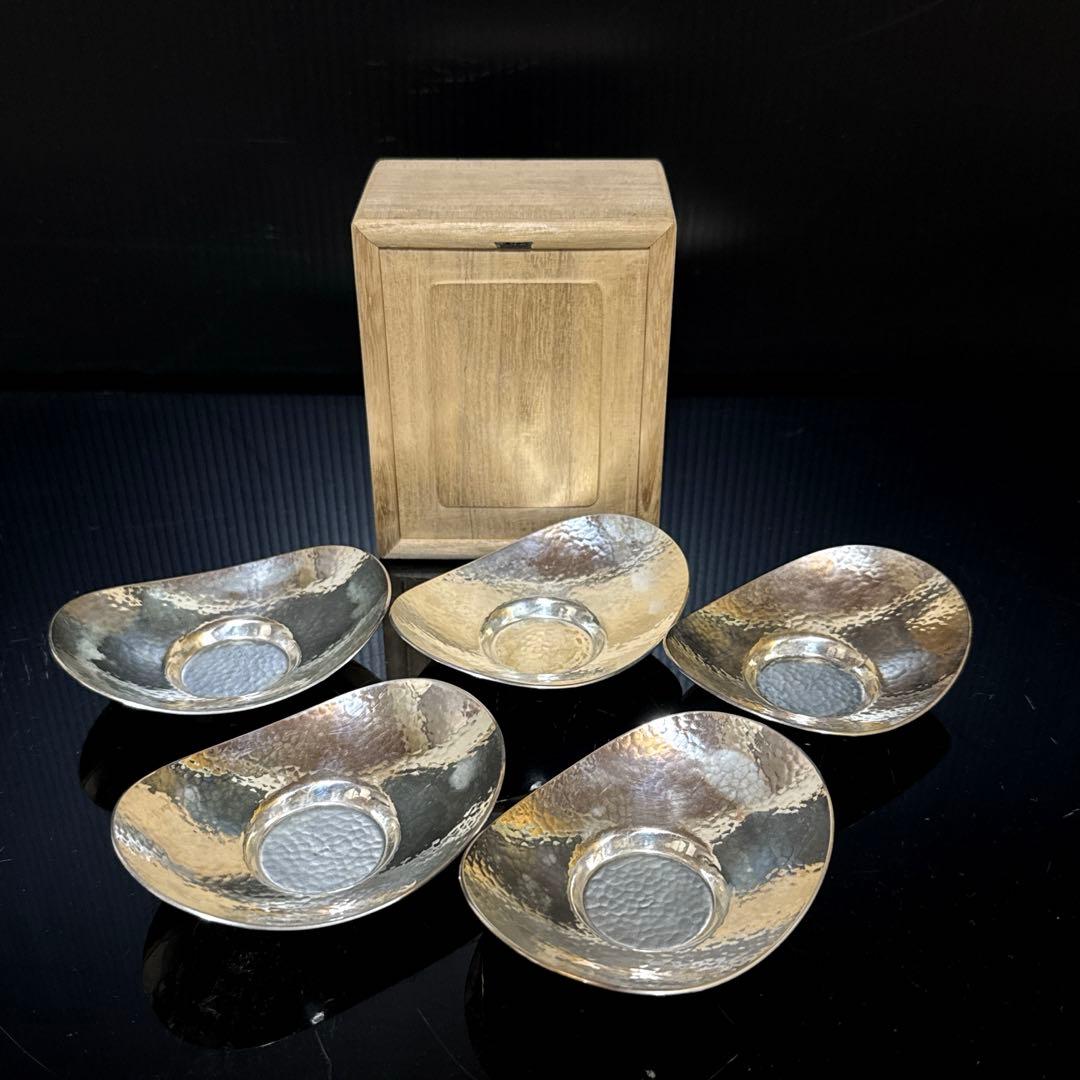 純銀 槌目 小判型 茶托 5枚 桐箱付 約290g 茶道具 煎茶