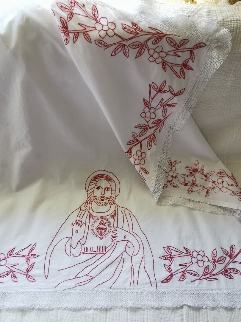 アンティーク仏/独 イエスの聖心 レッドワーク クロシェ編レース リネンクロス