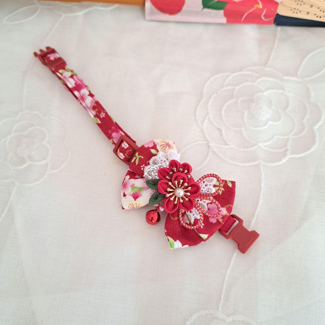 つまみ細工ダブルリボン(赤②)わんちゃん猫ちゃん用首輪