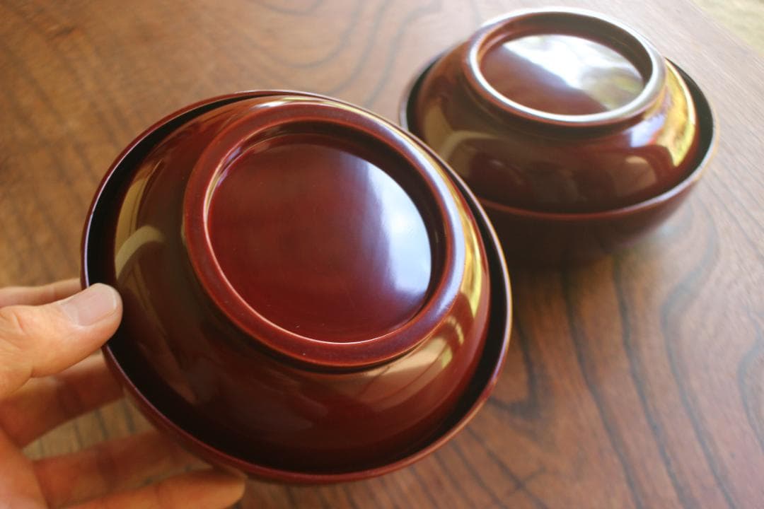 極小傷あり！時代紅溜塗に極上研ぎ出し波濤蒔絵の映えるお椀2点（検加賀蒔絵雑煮椀