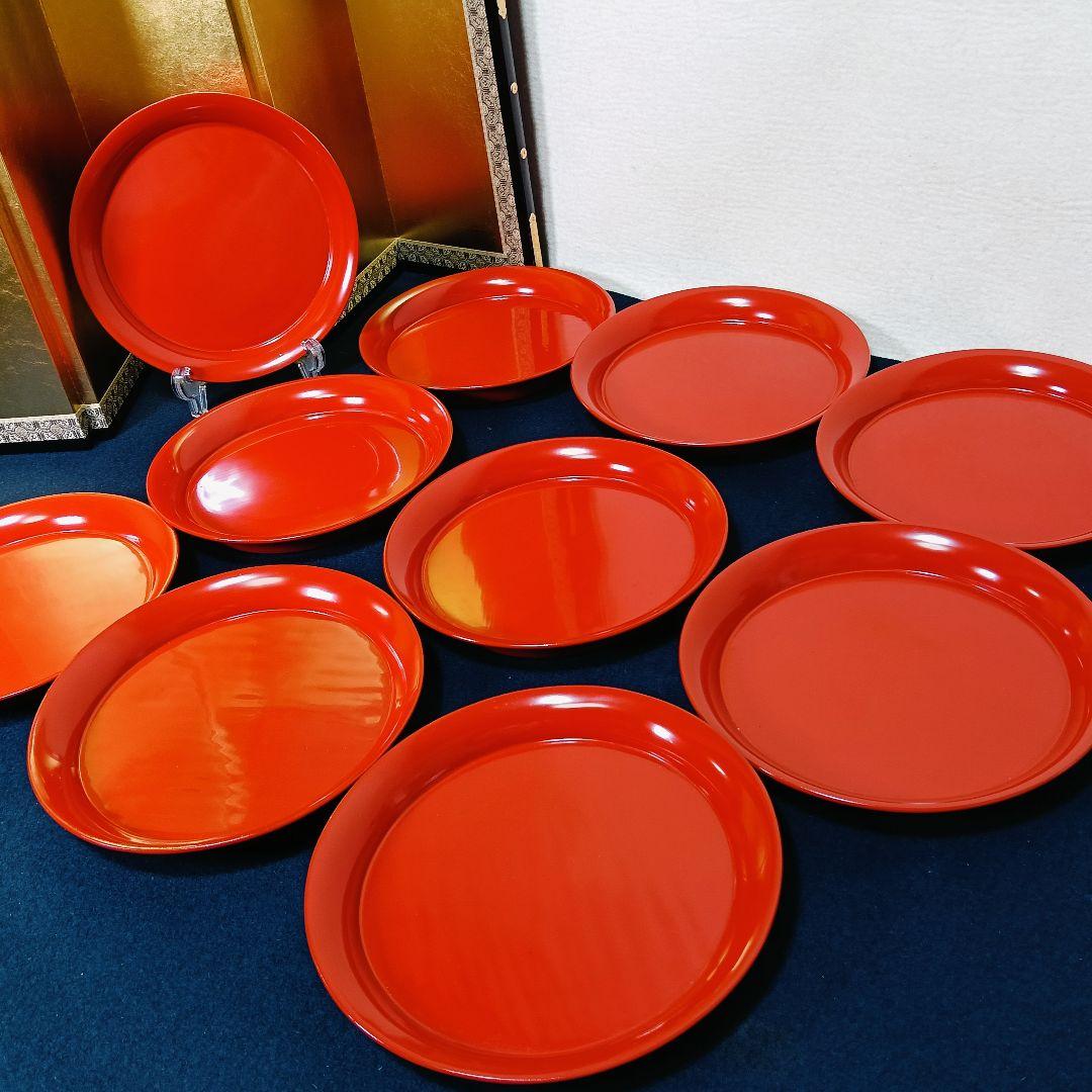 AN14 時代物 木製朱漆塗り 菓子皿 10客 懐石 会席 茶道具