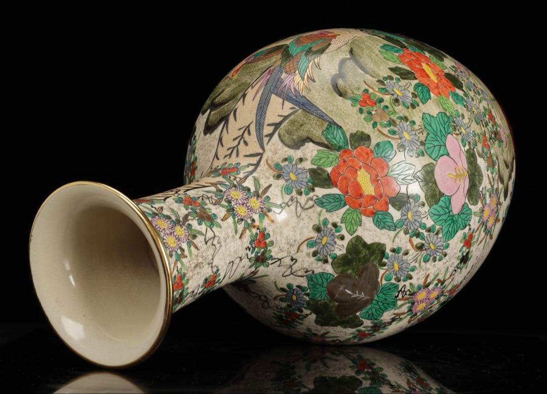 九谷焼 金彩色絵 花鳥図 大花瓶 飾壺 高さ46cm古美術品 骨董品