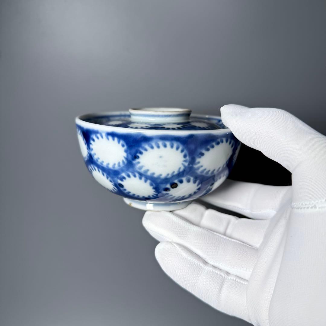 古伊万里　染付雪輪文蓋茶碗　六客　江戸時代後期　品格　可愛らしい器　料理屋