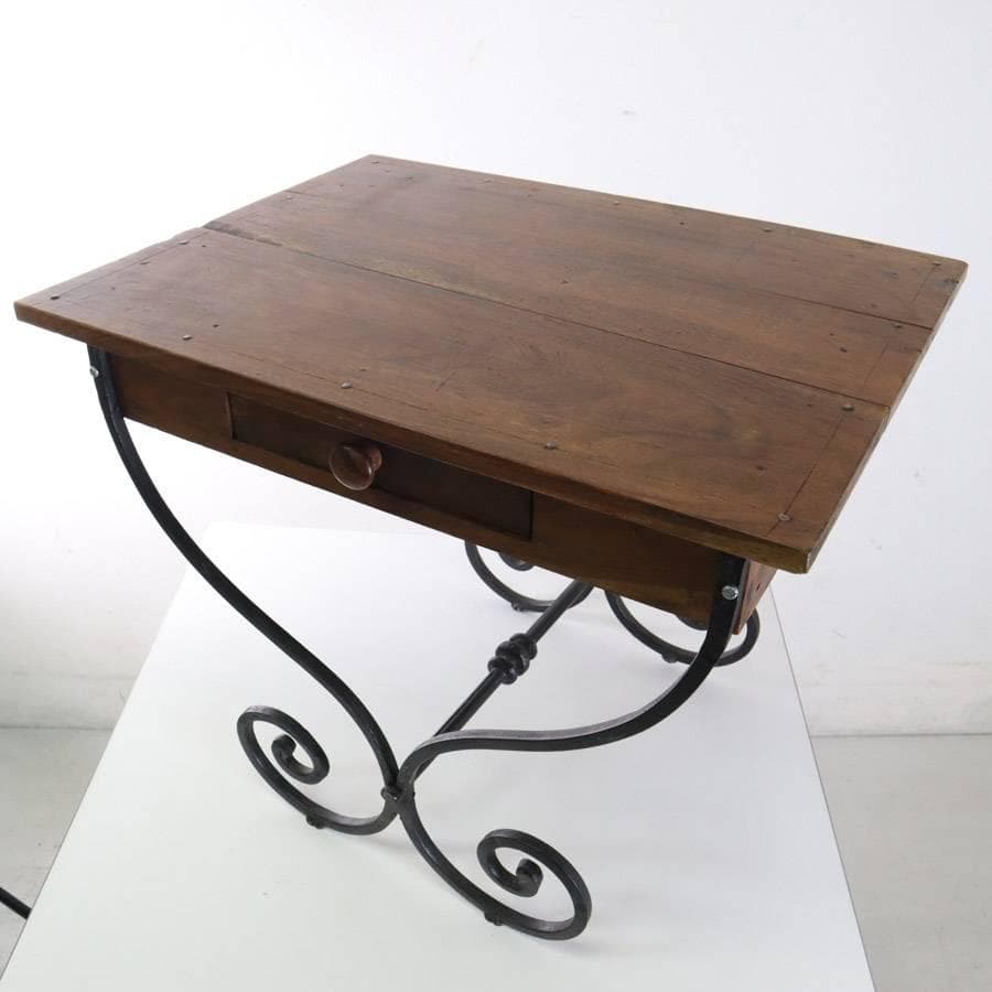 値下アンティーク調 アイアン脚 サイドテーブル 花台 飾り台 古材 引き出し付