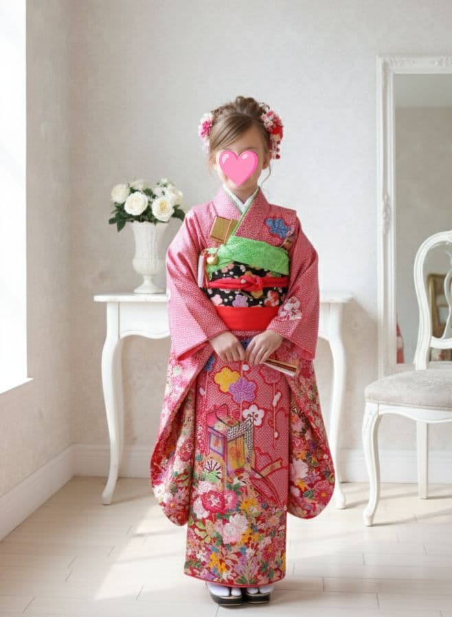 赤に鹿の子模様の着物に作り帯フルセット