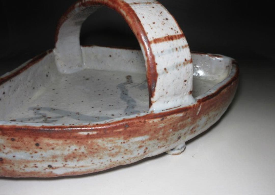 北大路魯山人 志野 阿ふぎ 手付鉢◇共箱◇絵志野 扇形　鉢