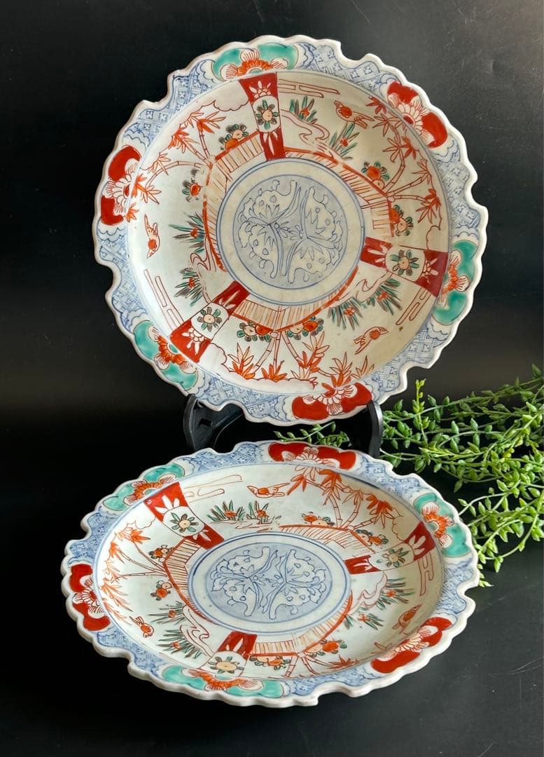 骨董 江戸時代末期？～明治？ 古伊万里　染錦色絵　花鳥図　縁起物