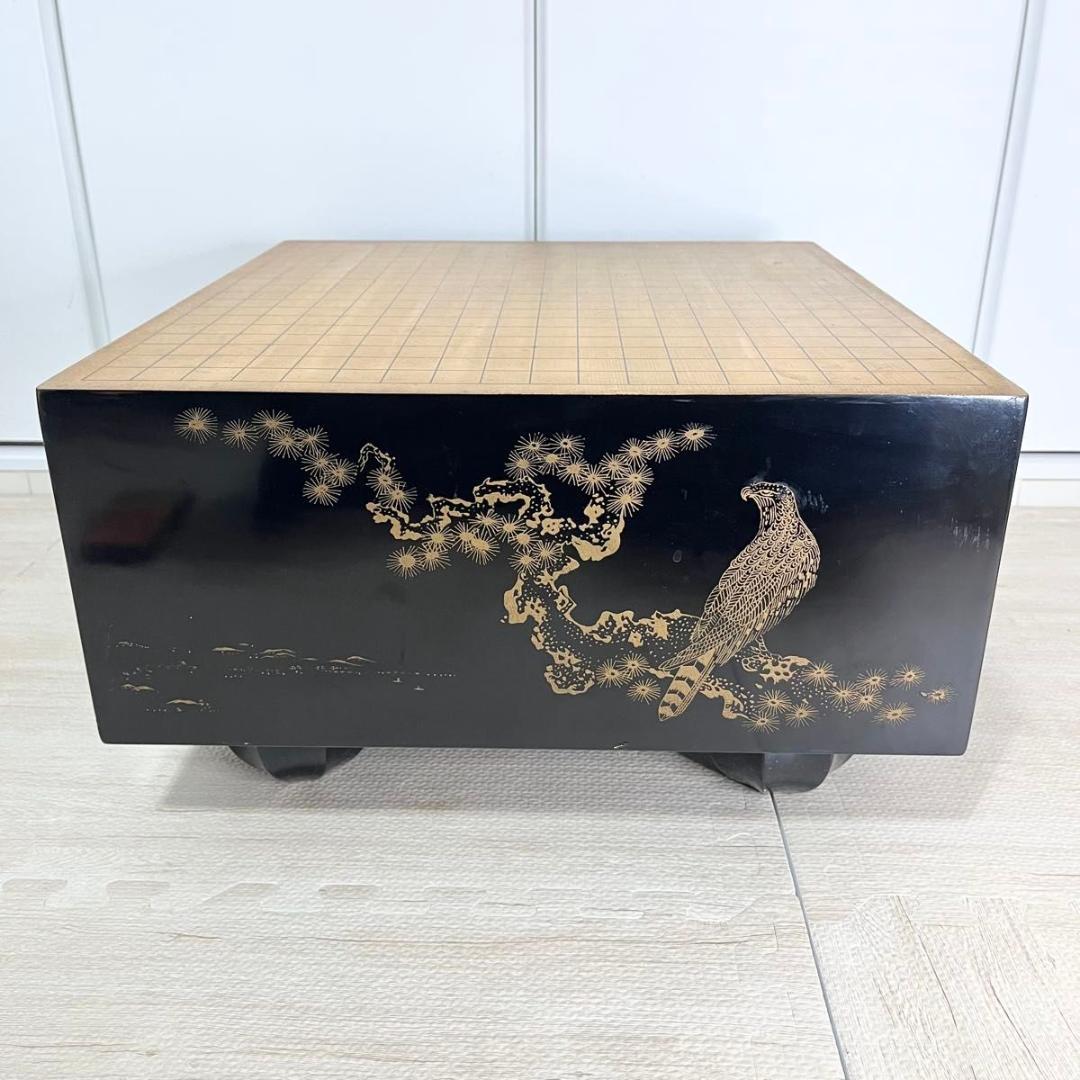 碁盤 黒漆塗 金蒔絵 鷹 松 柾目 高級 6寸盤 厚さ18㎝