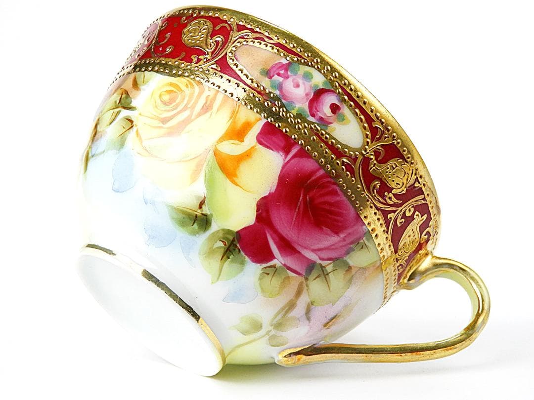 オールドノリタケ 金彩紅地 薔薇絵 カップ ソーサー アンティーク