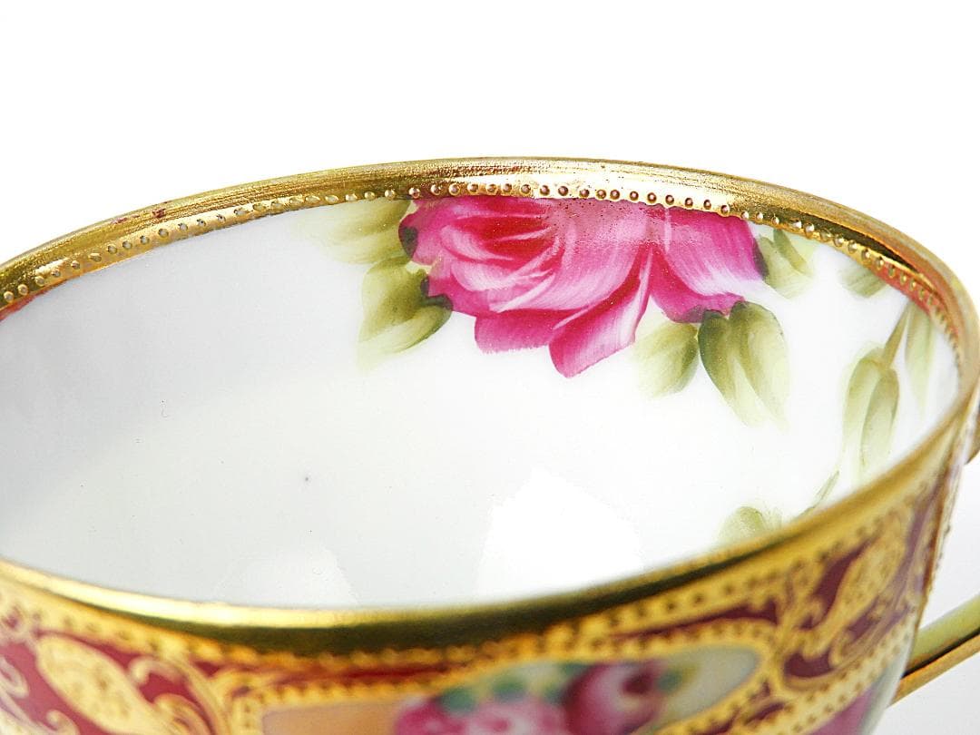 オールドノリタケ 金彩紅地 薔薇絵 カップ ソーサー アンティーク