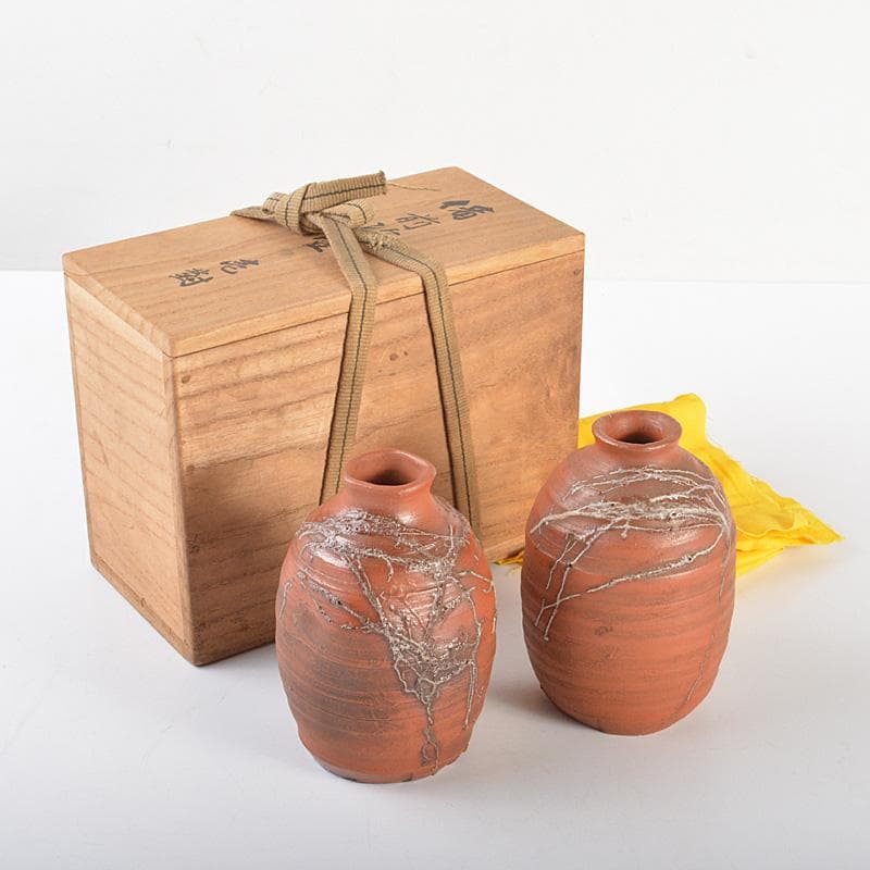 備前焼　新備前　珍壺　徳利　一対　銘「雪柳」　極め箱　C　6081