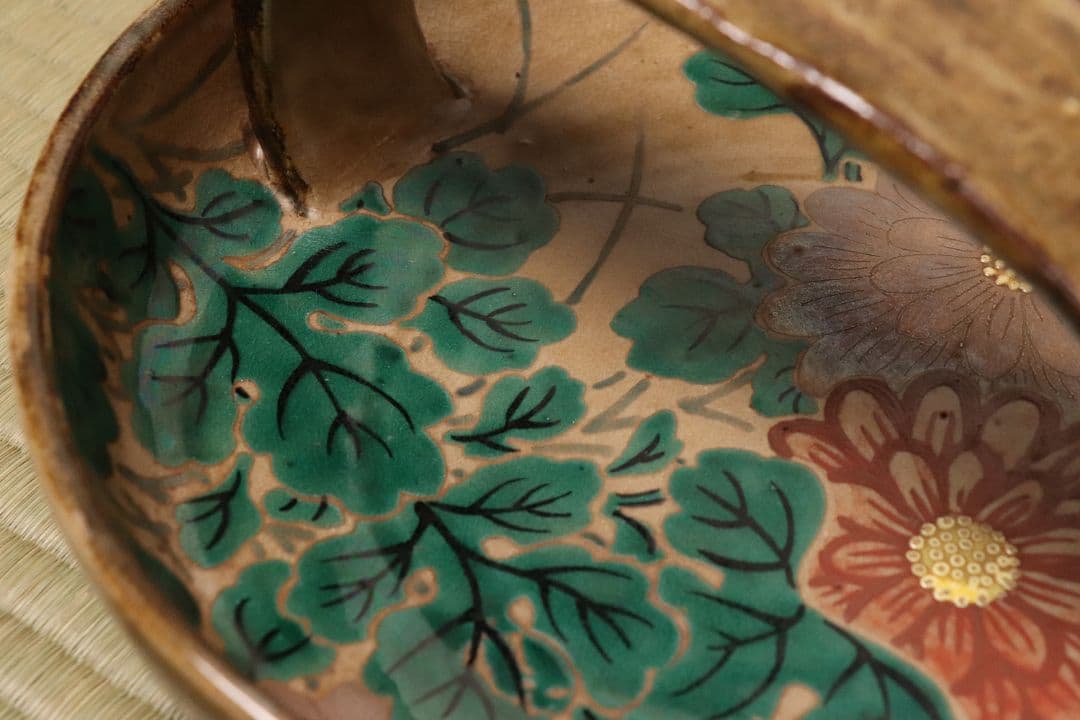 乾山焼 三代乾山 菊図 手付菓子器 木箱 陶芸 草花 鉢 時代【MA480】