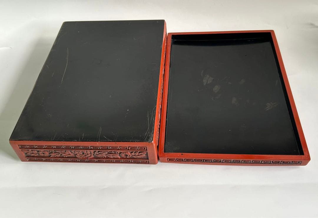 堆朱 楼閣山水図 硯箱 文箱 書道具 文房具