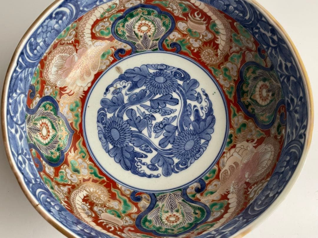 骨董　アンティーク　古伊万里　色絵　金襴手　染錦　龍文　鉢　深鉢　平水指　茶道具