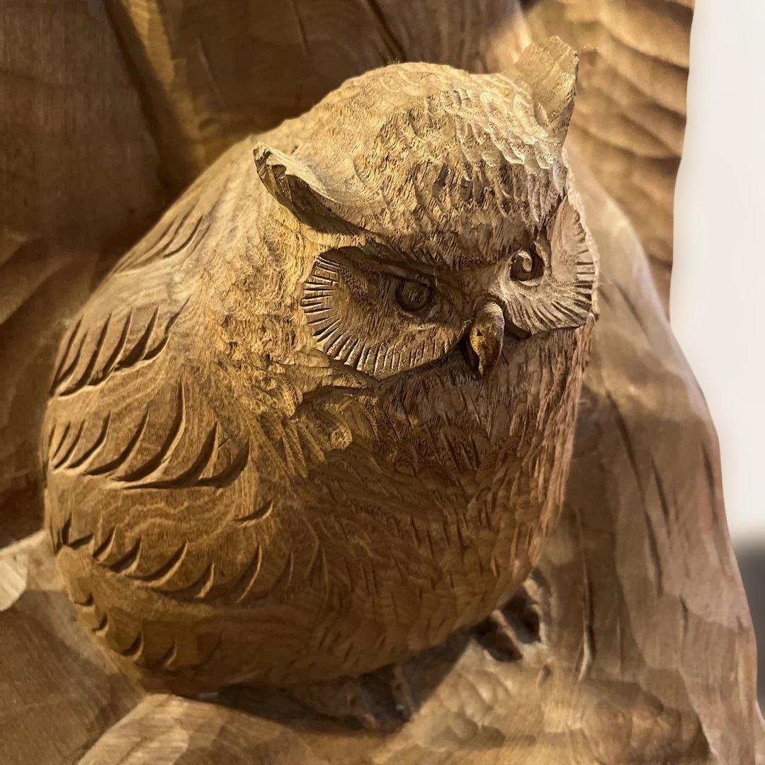 フクロウ 手彫り 在銘 上西捷敏 木彫り 工芸品 彫刻 コレクション　送料無料
