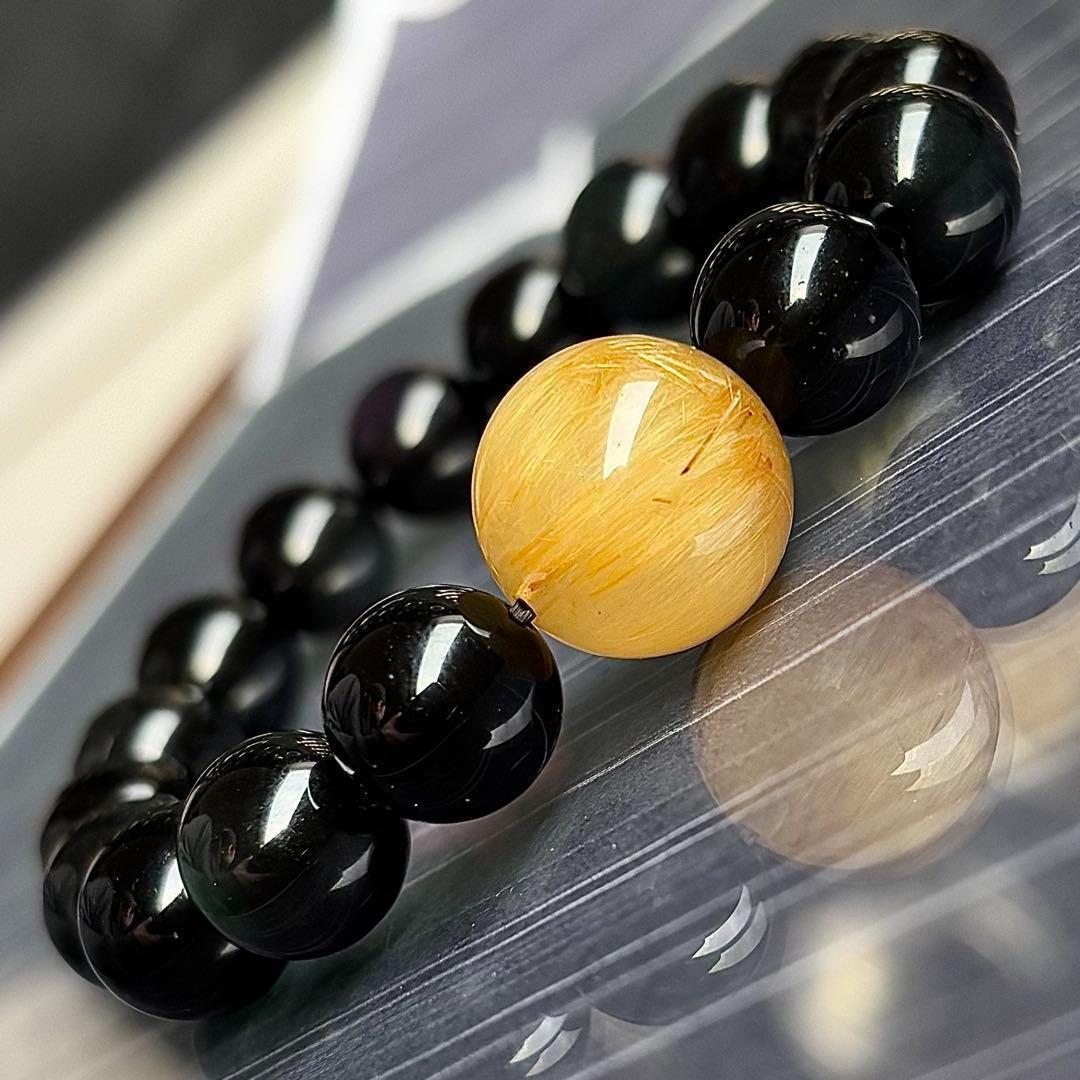 15.5mm ゴールドルチル　オブシディアン　ブレスレット　天然石