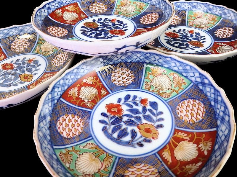 大聖寺伊万里　金襴手　青海波に牡丹の図　４寸皿　５枚　B205AS-CZe