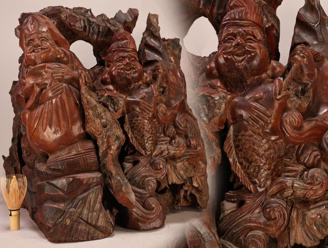 BK238　木彫　恵比寿像　大黒像　東洋彫刻　仏教美術　置物　床飾り　オブジェ