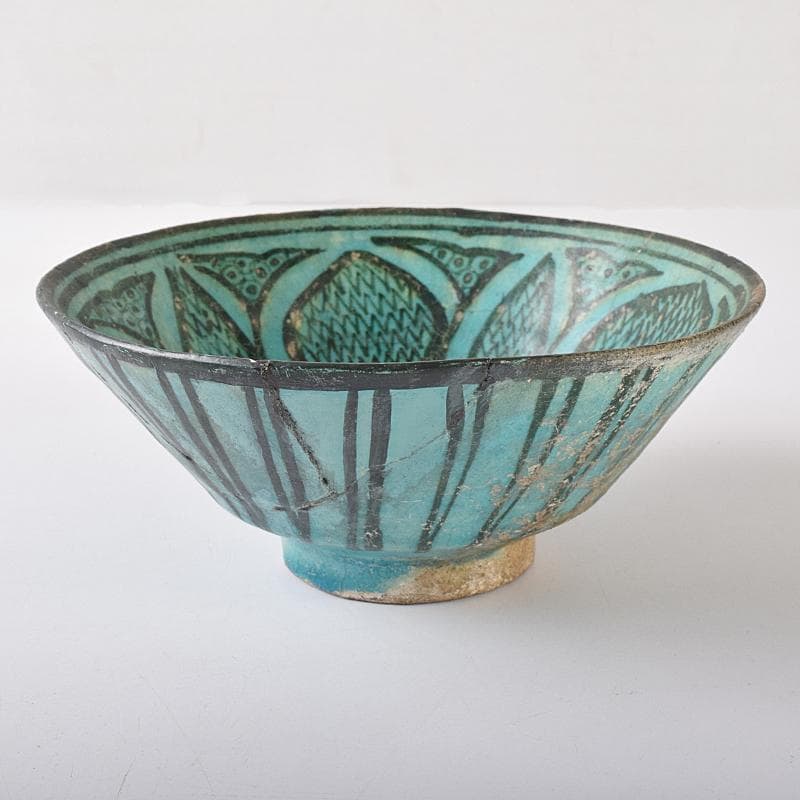 ペルシャ陶器　二シャプール出土　十世紀　青釉黒彩鉢　時代箱付　V　R8419