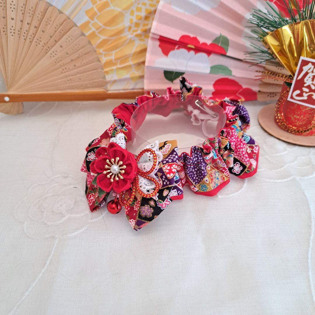 短毛シュシュ、和風妻み細工(赤①)わんちゃん猫ちゃん用