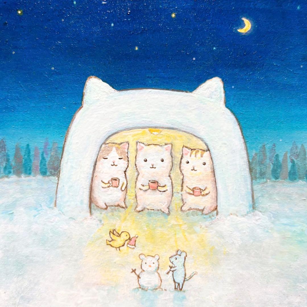 けい　自作絵画　ネコかまくら　猫とネズミと小鳥の絵