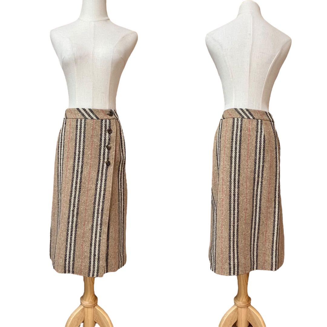 【バーバリーロンドン】ウールノバストライプラップスカート☆ミモレ丈☆ボタン☆S