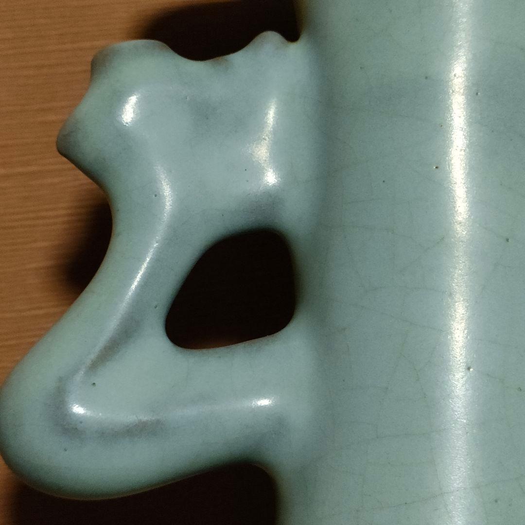 中国美術　月白釉　時代物　アンティーク　双耳花入　花瓶　仿汝窯　清朝