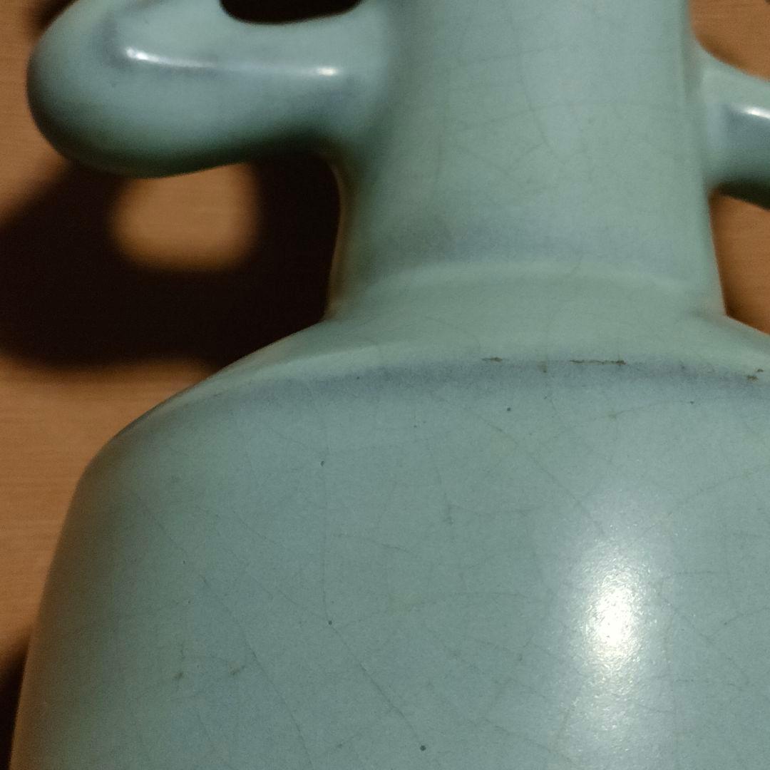 中国美術　月白釉　時代物　アンティーク　双耳花入　花瓶　仿汝窯　清朝