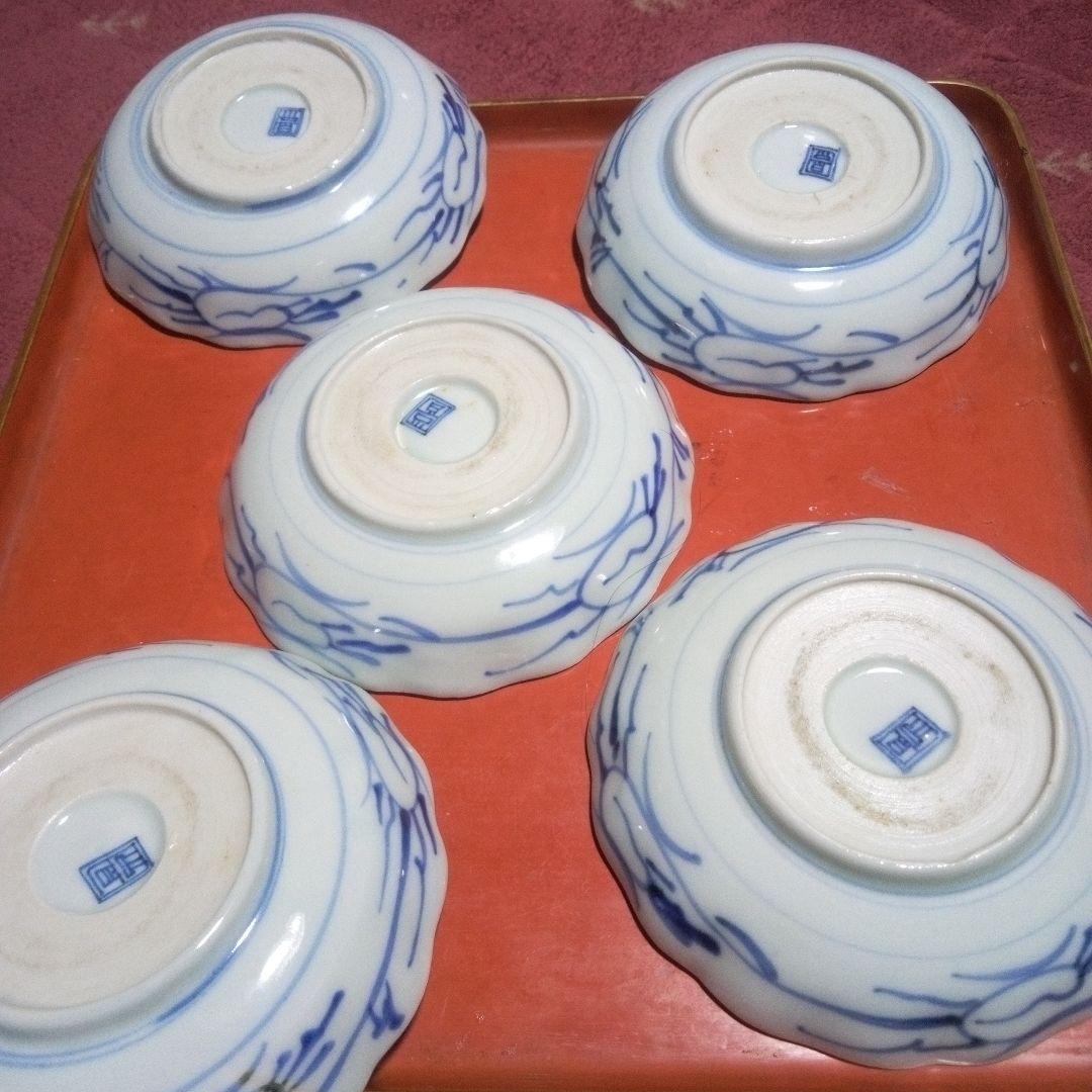 明治前期 古伊万里 なます皿 花文線描 ５枚