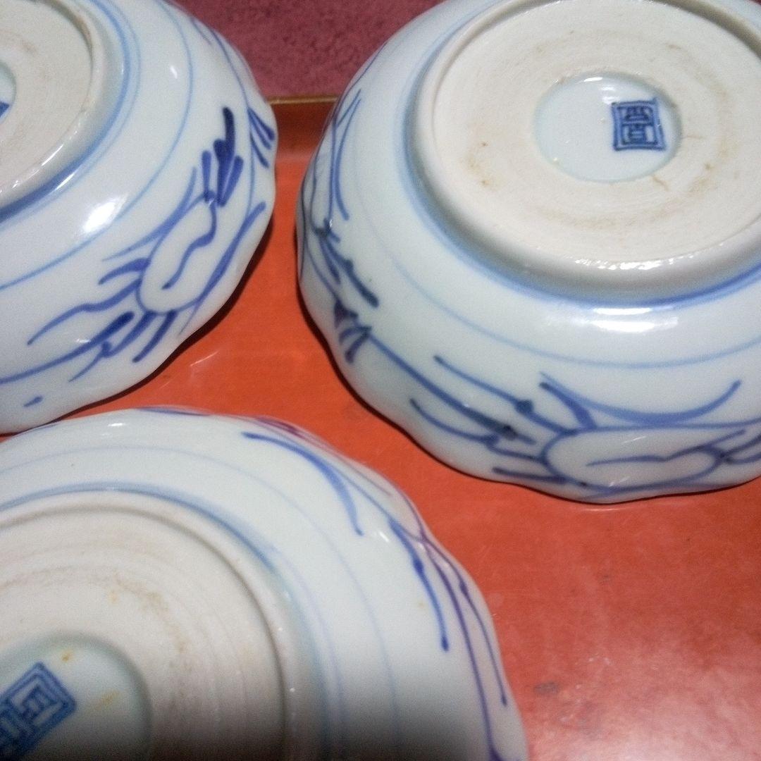 明治前期 古伊万里 なます皿 花文線描 ５枚