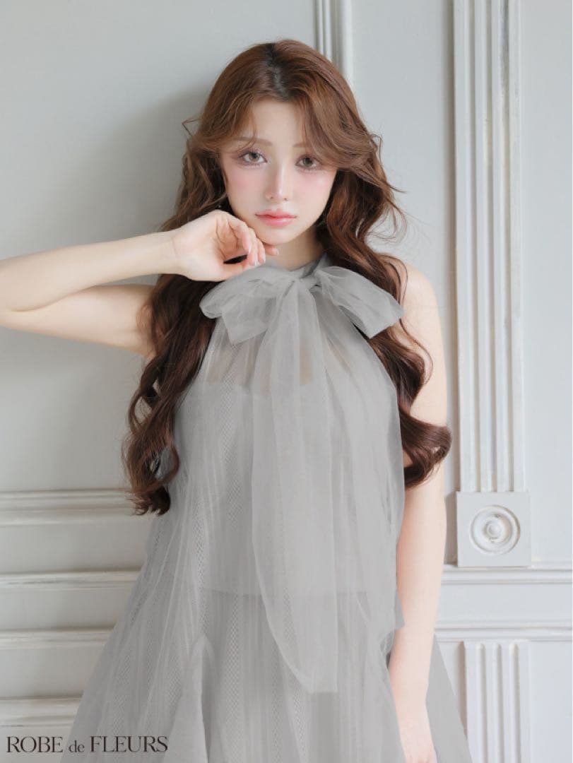 ROBE de FLEURS ハイネックウエストリボンフレアミニキャバドレス