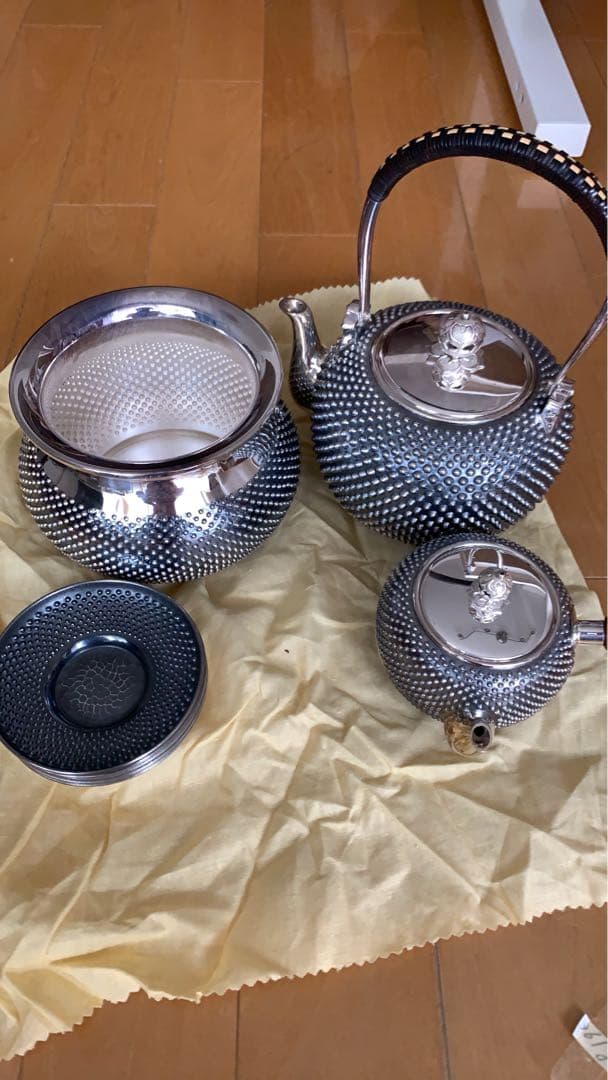 純銀刻印秀峰作茶器セット共箱付 重量1338g 煎茶道具骨董工芸最終価格３５万円