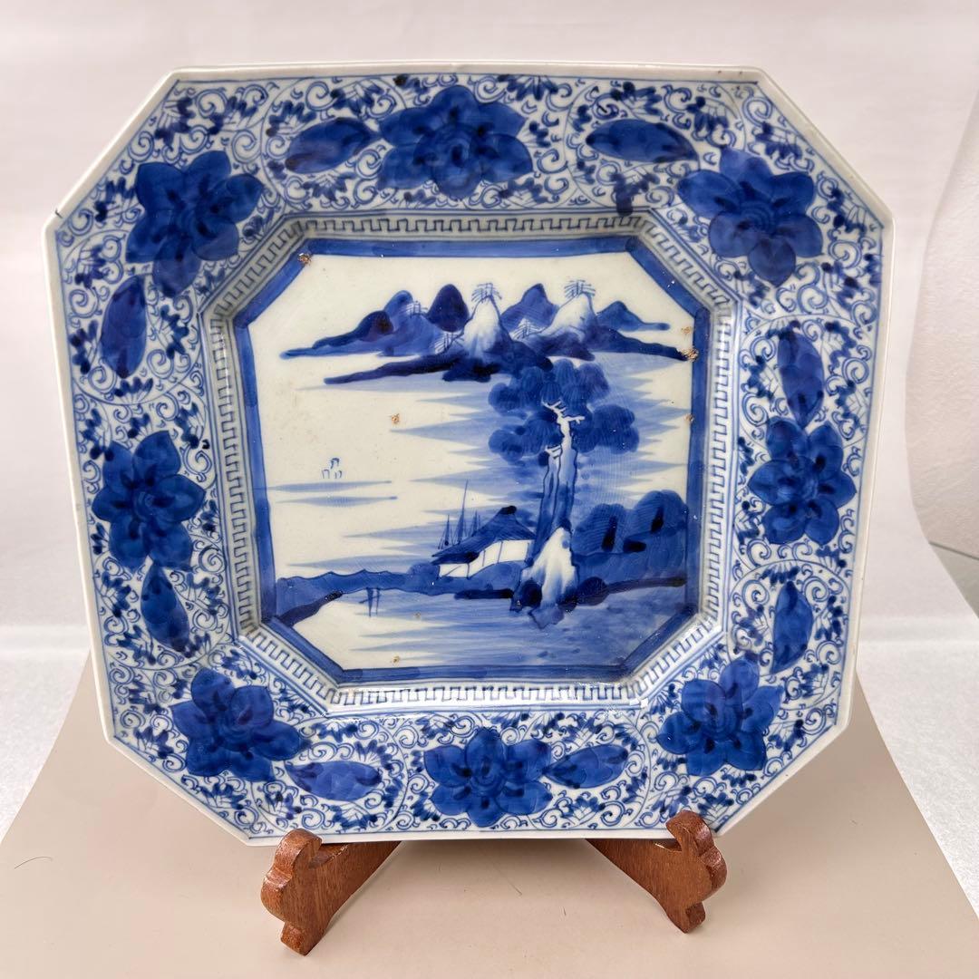 古伊万里 染付 山水文 八角大皿 飾り皿 和食器 骨董 アンティーク
