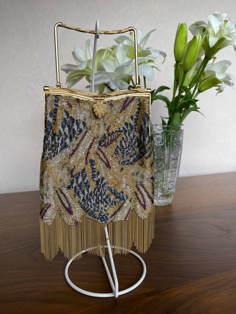 delicat ビーズ織り 花柄 パーティーバッグ フリンジ付き