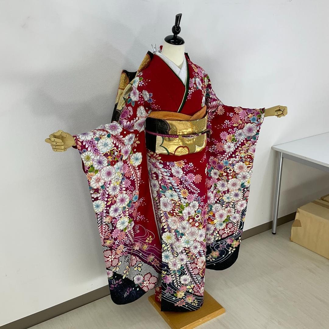 愛　お振袖フルセット　半衿付け　赤　辻が花正絹　美品