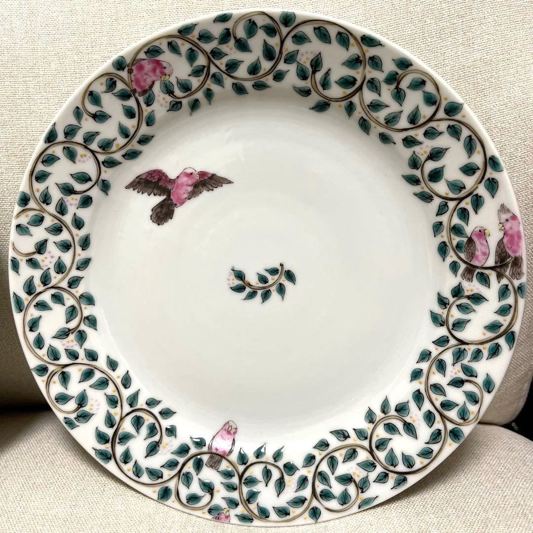 山浦早織　九谷焼　唐草 インコ　お皿　鳥柄　食器　手描き