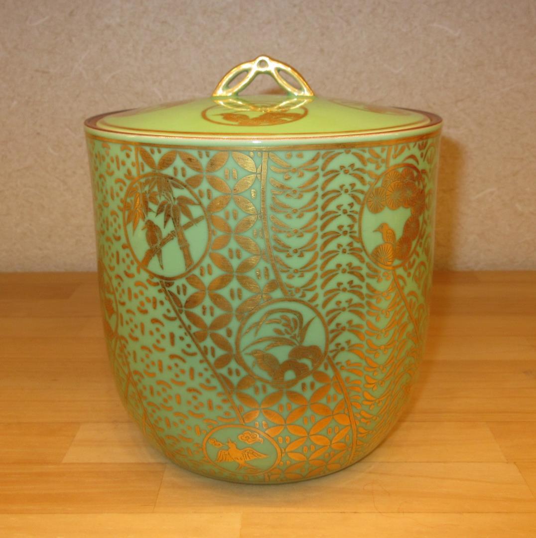 送料込【逢絢亭・新品】茶道具 水指 京焼 萌黄 金襴手 手塚石雲 共箱入り