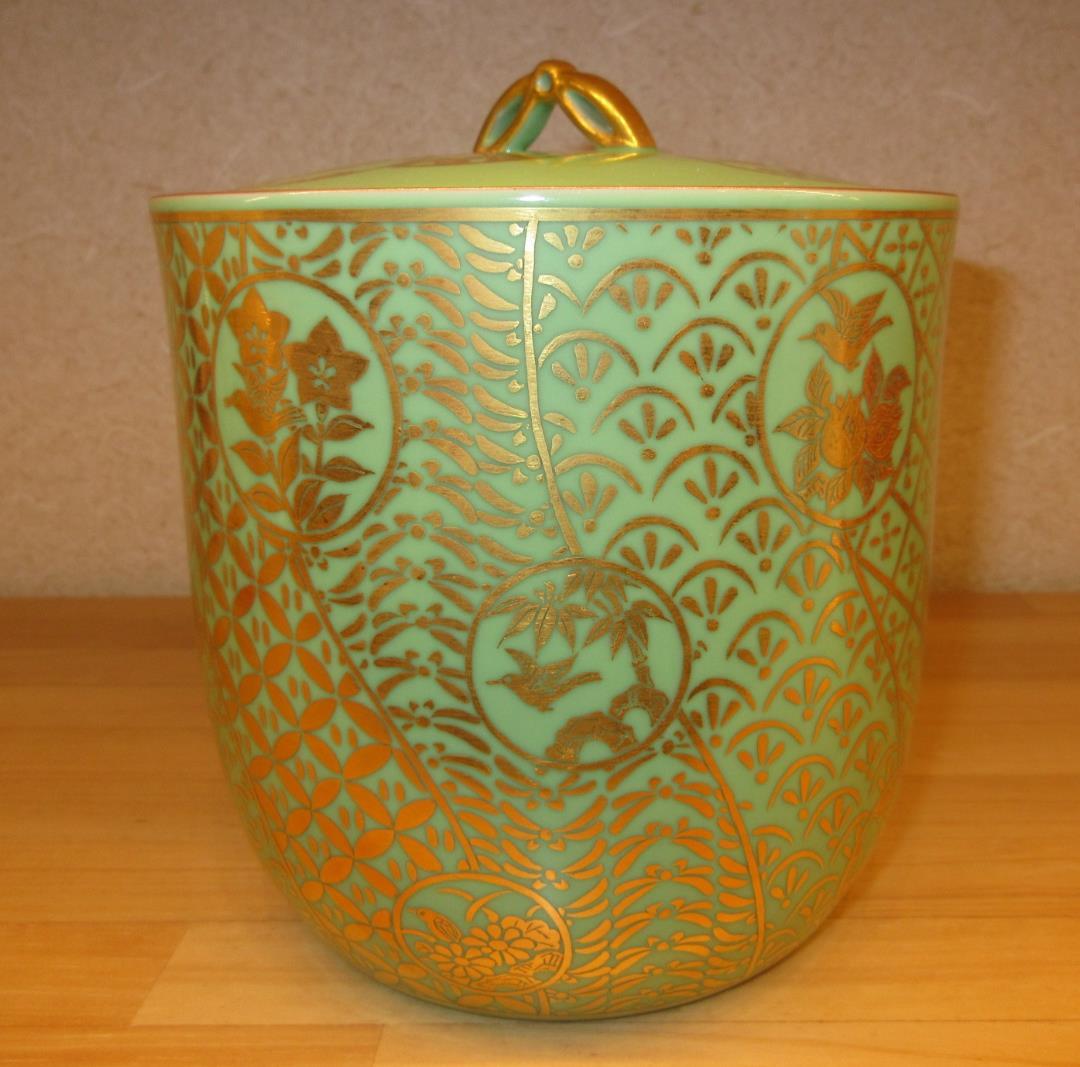 送料込【逢絢亭・新品】茶道具 水指 京焼 萌黄 金襴手 手塚石雲 共箱入り