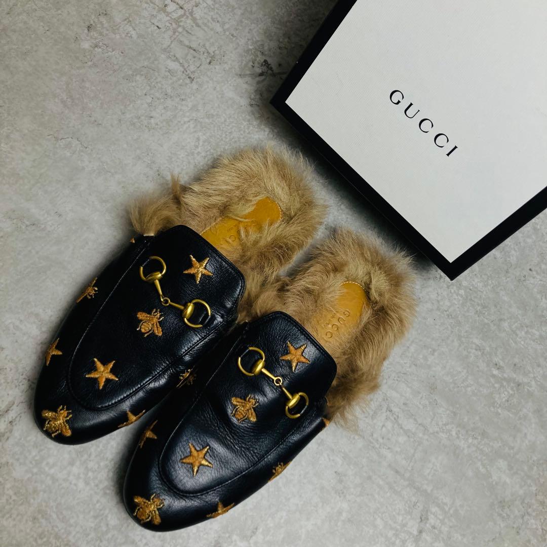 GUCCI グッチ プリンスタウン　37 エンブロイダリー　　ファー　ミュール
