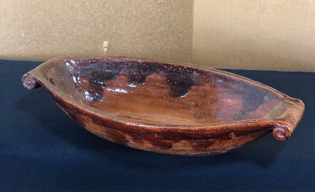 割引❗️《R》大樋焼 飴釉 舟形 花器 花入 水盤 木箱　251014い2