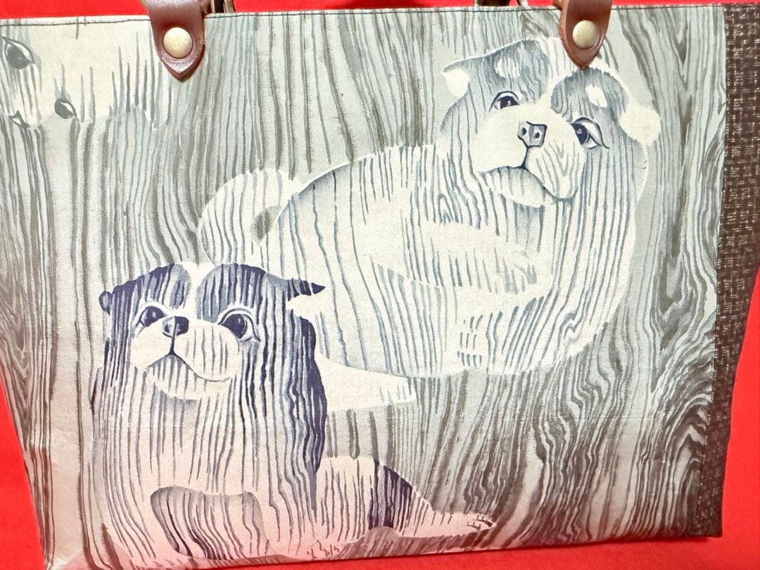 【アンティーク　犬と紬】バンブーバッグ　アンティーク着物　リメイクバッグ