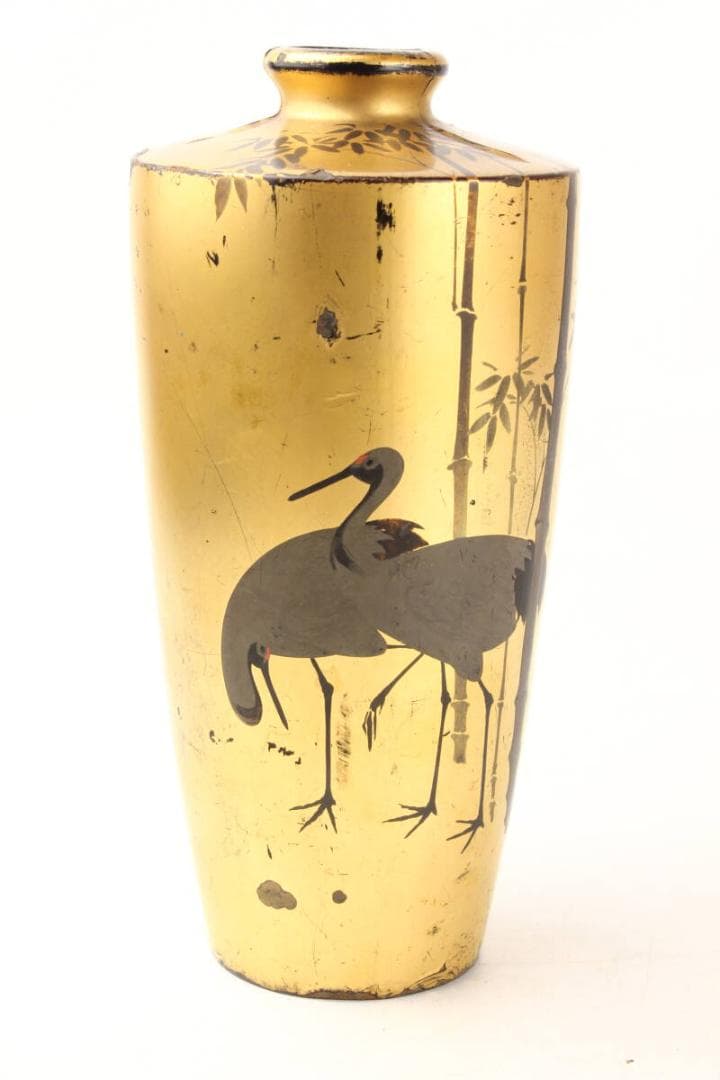 【幕末　明治時代】輸出漆器　里帰り品　鶴と竹図　沃懸地 木製花瓶
